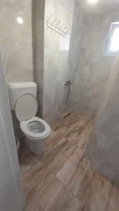 斯特鲁加Villa Bardha的铺有木地板,设有白色卫生间的浴室。