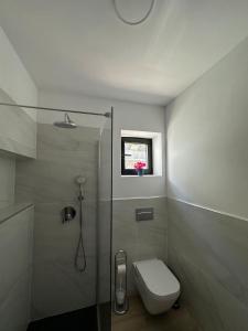 丰卡连特德拉帕尔马Casa El Guinche的带淋浴和卫生间的浴室以及窗户。