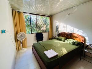 圣玛尔塔Casa Feliz Hostal的一间卧室设有一张床、一个窗口和风扇