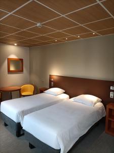 古尔圣母之光酒店的酒店客房设有两张床和一张桌子。