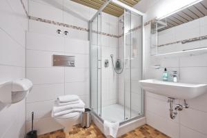 艾森巴哈Landhotel Fuchs的带淋浴、盥洗盆和卫生间的浴室