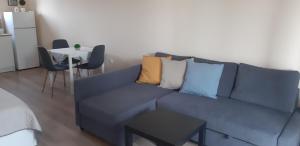 克拉佩茨Къща за гости Крапец的客房内的蓝色沙发上配有枕头