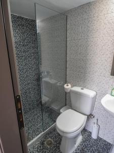 VingláfiaPavlopetri的带淋浴、卫生间和盥洗盆的浴室