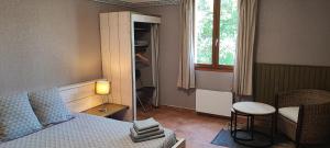 韦尔东河畔拉帕吕B&B Auberge Verdon的卧室配有1张床、1张桌子和1把椅子