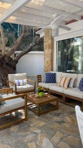 尼基季Villa eco Electra的一个带沙发和桌子的庭院和一棵树