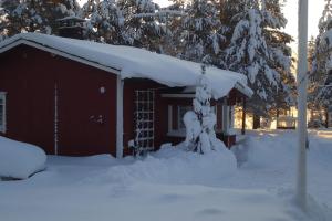 罗瓦涅米Lysti Cottage by the lake and magical countryside的雪覆盖的小屋,有雪覆盖的屋顶