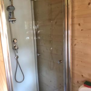 AudelangeLa roulotte de moulin rouge的带淋浴的浴室(带木墙)