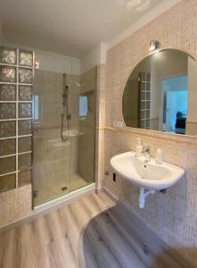 阿维利亚纳Novecento Charming Room的一间带水槽和淋浴的浴室