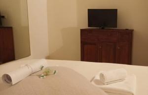 利沃诺Il porto di Ale e Kat的一间带毛巾和盥洗盆的浴室以及一台电视