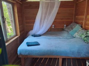 RijsbergenBoomhut的小木屋内的一张床位,配有蚊帐
