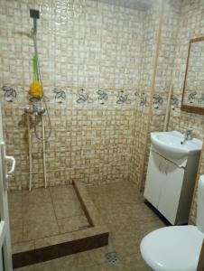 埃里温City Center Cozy Apartment Tigran Mets的带淋浴、盥洗盆和卫生间的浴室