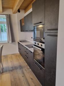 圣维托-迪卡多雷Appartamento Vale e Schena Cortina D'Ampezzo的厨房配有不锈钢用具,铺有木地板