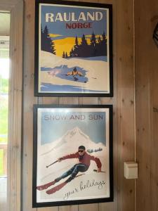 RaulandLeilighet i vakre Rauland的滑雪小屋墙上的三张海报