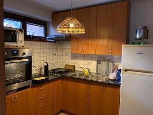 波普拉德U starkych的厨房配有木制橱柜和白色冰箱。