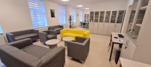 萨格勒布Zagreb budget rooms的带沙发和黄色椅子的等候室