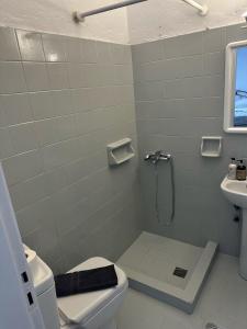 弗通Santorini Style Rooms的带淋浴、卫生间和盥洗盆的浴室