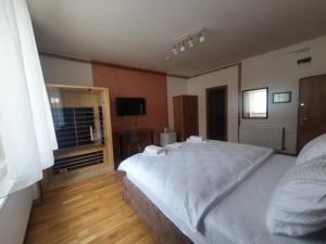 斯雷姆斯基卡尔洛夫奇Fruškogorski biser的卧室设有一张白色大床和一扇窗户。