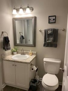 奥古斯塔Comfy, Stylish Townhome Near I-20!的一间带卫生间、水槽和镜子的浴室