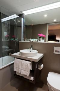 巴黎哈维酒店的一间带水槽、卫生间和镜子的浴室