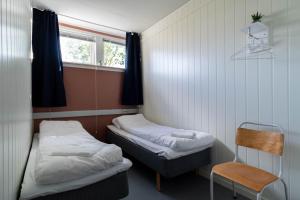 雷讷Reine Basecamp - Apartments & Rooms的客房设有两张床、一把椅子和窗户。