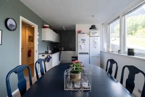 雷讷Reine Basecamp - Apartments & Rooms的厨房配有黑桌和蓝色椅子