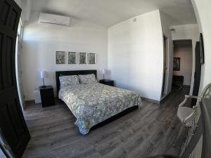 圣胡安310Guest-House La Vyda的卧室配有床、木地板和白色墙壁