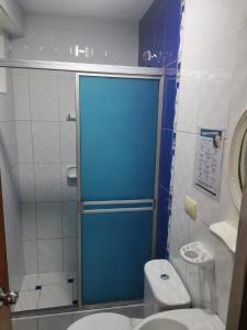 伊洛Hostal Puerto Ingles的一间带卫生间和蓝色淋浴门的浴室
