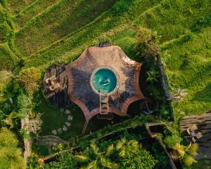 希德门Veluvana Bali的享有带游泳池的别墅的顶部景致