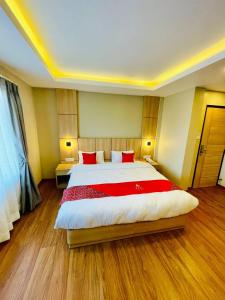 加德满都Hotel Aerocity的大卧室配有一张带红色枕头的大床