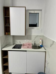 乌尔齐尼Lindi apartments的白色的厨房设有水槽和窗户