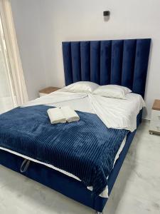 乌尔齐尼Lindi apartments的一张大蓝色的床,带两条毛巾