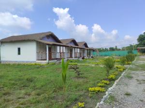 Jyoti GaonFalcon Jungle Resort的一排茅草屋顶的房屋