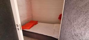 阿灵索斯Lygnareds Camping的小房间,配有一张小床和橙色毯子
