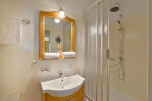 埃尔毛Chalet Grizzly的一间带水槽、镜子和淋浴的浴室