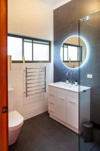SilvanVista Suite Treetops Silvan Valley Lodge的一间带卫生间、水槽和镜子的浴室