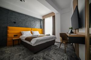 蒂米什瓦拉GBU Home Timisoara的配有一张床和一张书桌的酒店客房