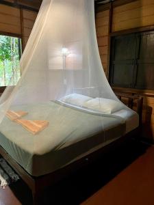 考索考索绿色山景度假村的周围设有蚊帐的床