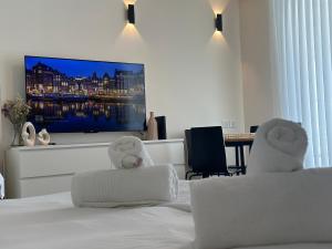 埃拉特סוויטות עם נוף צמודות לים במתחם SeaSide היוקרתי עם בריכה的一间卧室设有一张带平面电视的床。
