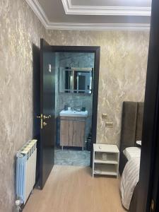阿拉木图Hotel LION Almaty的一间带水槽和镜子的浴室