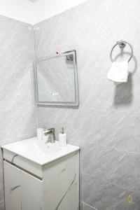 内罗毕Stunning Studio apartment in Kileleshwa的白色的浴室设有水槽和镜子