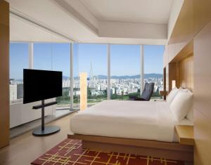 首尔首尔柏悦酒店的一间卧室配有一张大床和一台平面电视