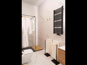 华沙MARIENSZTAT 8 Apartments的带淋浴、卫生间和盥洗盆的浴室