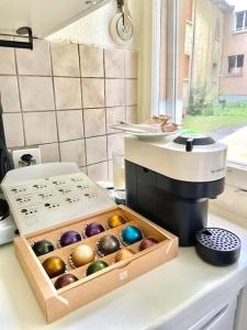 苏黎世Suite 505 nel cuore di Zurigo的坐在厨房柜台上的一盒彩色鸡蛋