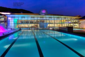 迈斯霍芬迪道夫维拉旅馆的一座游泳池,在晚上在建筑物前