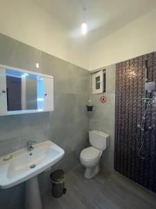 萨兰达Miranda's Apartments & Rooms的一间带水槽、卫生间和淋浴的浴室