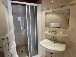 孔布卢莱斯格兰尼特酒店的带淋浴、盥洗盆和镜子的浴室