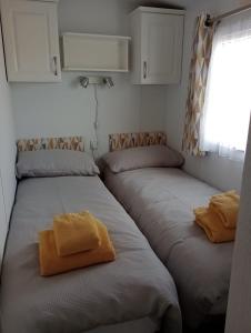 劳斯Lapwing Lodge的小型客房设有两张单人床和窗户。