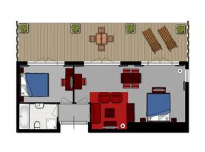 德科赫特克塞尔果岭酒店的拥有红色和蓝色家具的房屋的平面图