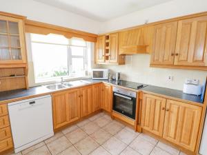 基尔13 Trawmore Cottages的厨房配有木制橱柜和白色洗碗机。