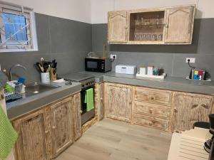 格兰贝伊Sam & Chlo Studio & Appartment - Grand Baie - Mauritius的一个带木制橱柜和水槽的厨房